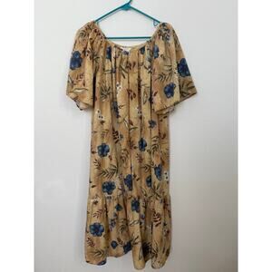 Vintage Cotton Blend Floral House Dress Night Gown‎ Zip Up Medium Tan Blue